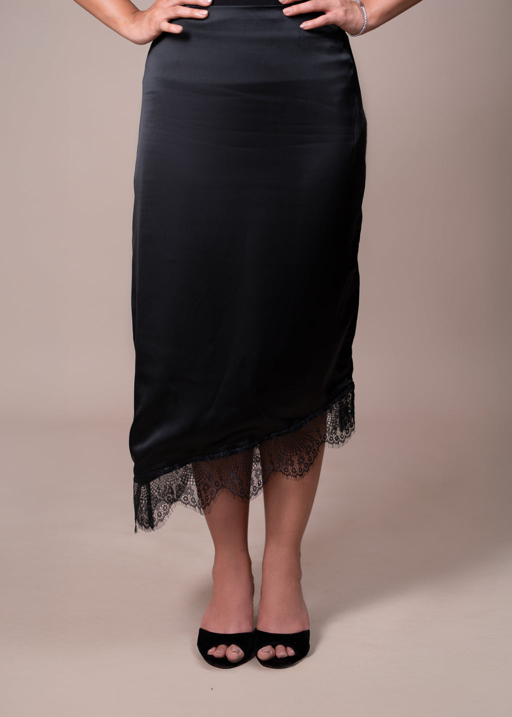 Lace Hem Satin Midi Skirt