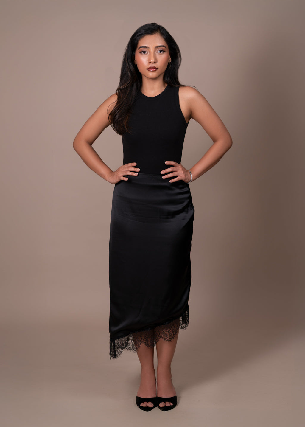 Lace Hem Satin Midi Skirt