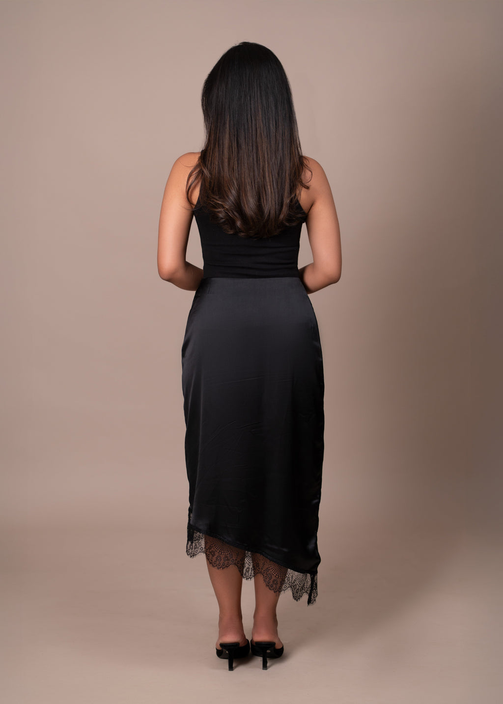 Lace Hem Satin Midi Skirt